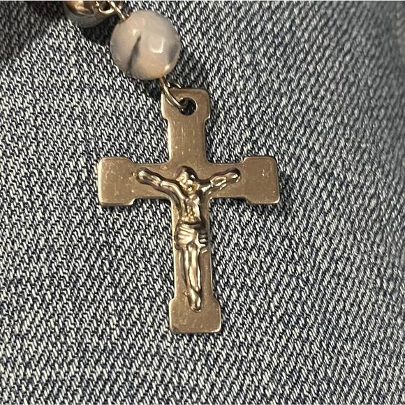 Blue Chalcedony Stone Miraculous Medal Rosary 3D Crucifix Catholic Silver Bead - Picture 7 of 8